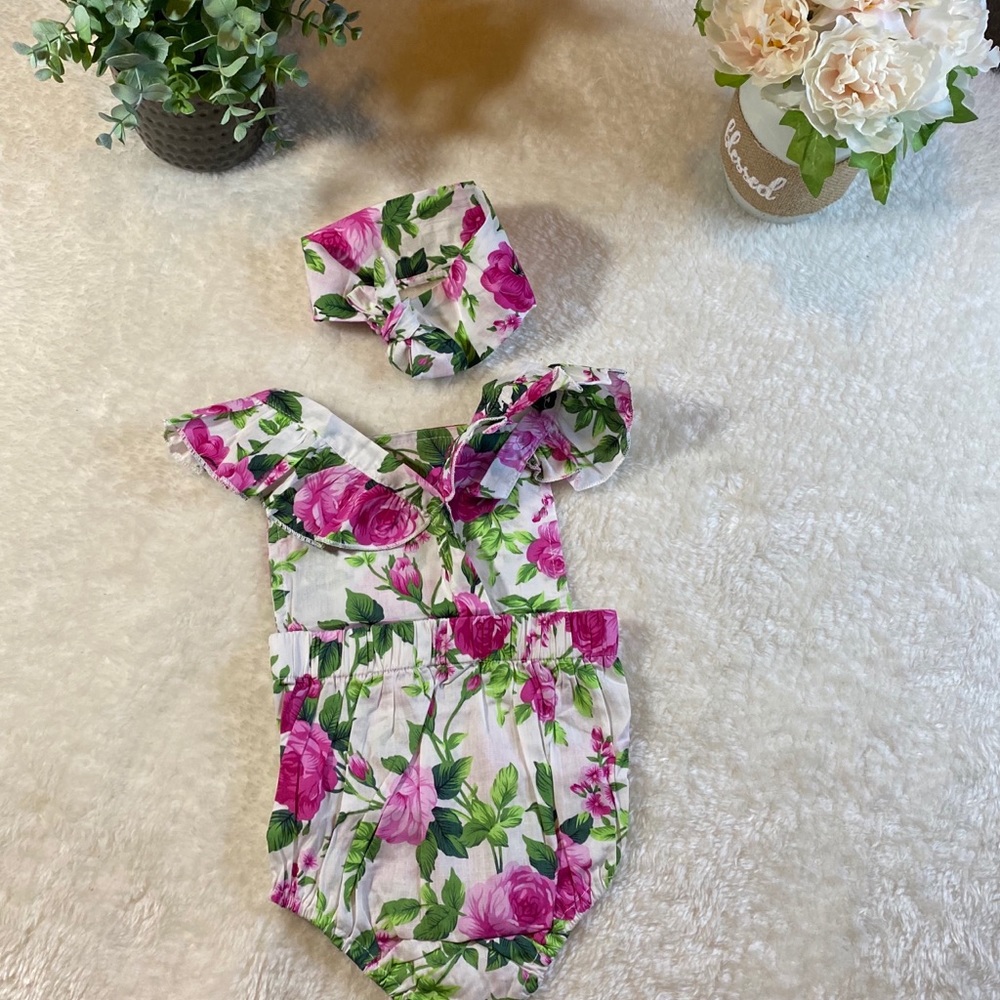 Girls baby 12m flowery romper - Picture 5 of 6